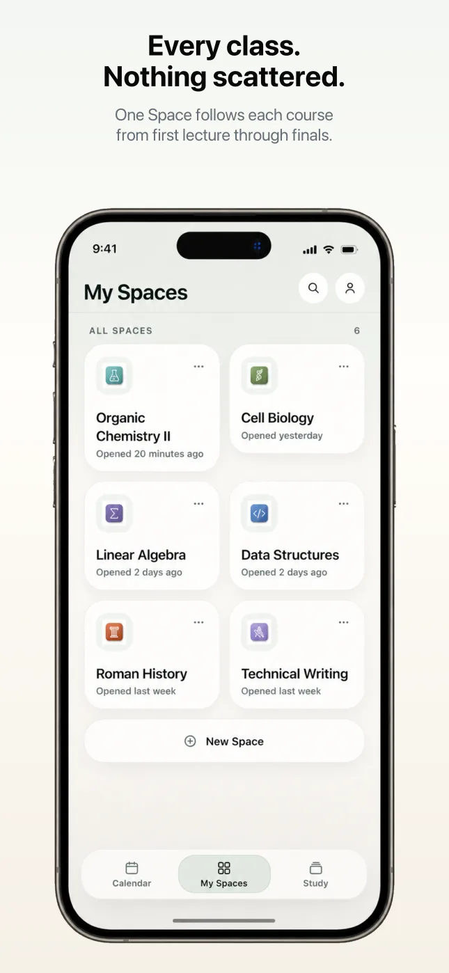 Natived Spaces on iPhone showing six course Spaces in the My Spaces tab